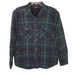 Eddie Bauer Womens Med Green Plaid Flannel Fleece Lined Shirt Shacket Gorpcore